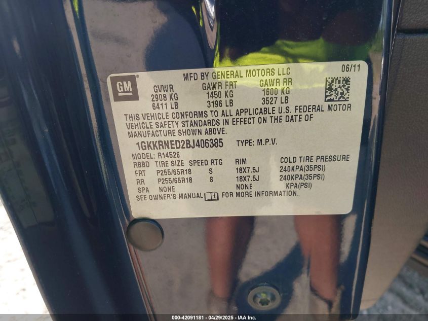 2011 GMC Acadia Sl VIN: 1GKKRNED2BJ406385 Lot: 42091181