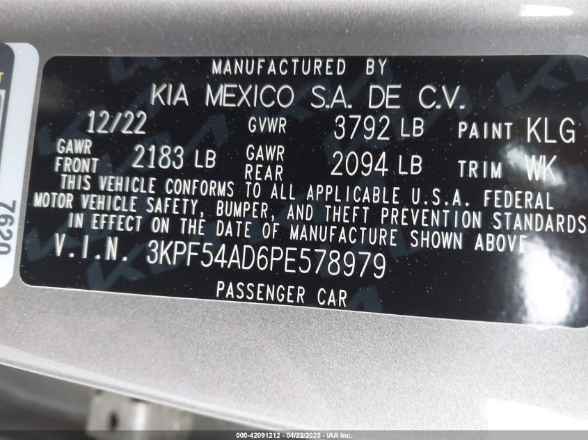 2023 Kia Forte Gt-Line VIN: 3KPF54AD6PE578979 Lot: 42091212