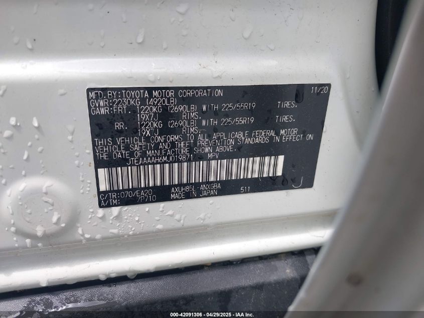 2021 Toyota Venza Xle VIN: JTEAAAAH6MJ019871 Lot: 42091306