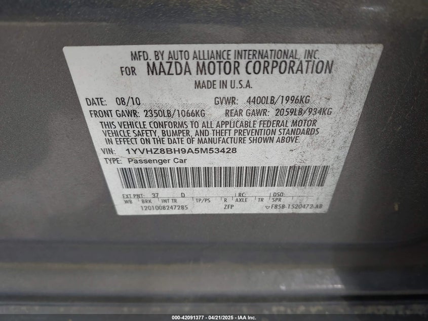 2010 MAZDA MAZDA6 VIN: 1YVHZ8BH9A5M53428