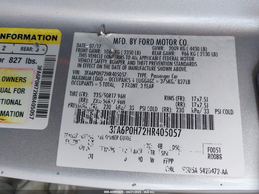2017 FORD FUSION VIN: 3FA6P0H72HR405057
