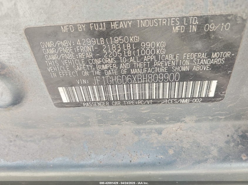2011 SUBARU IMPREZA OUTBACK SPORT VIN: JF1GH6D6XBH809900