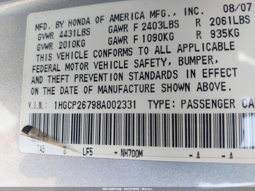 2008 HONDA ACCORD VIN: 1HGCP26798A002331