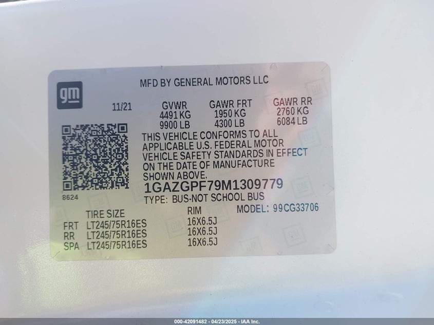 2021 CHEVROLET EXPRESS PASSENGER RWD 3500 EXTENDED WHEELBASE LT - 1GAZGPF79M1309779