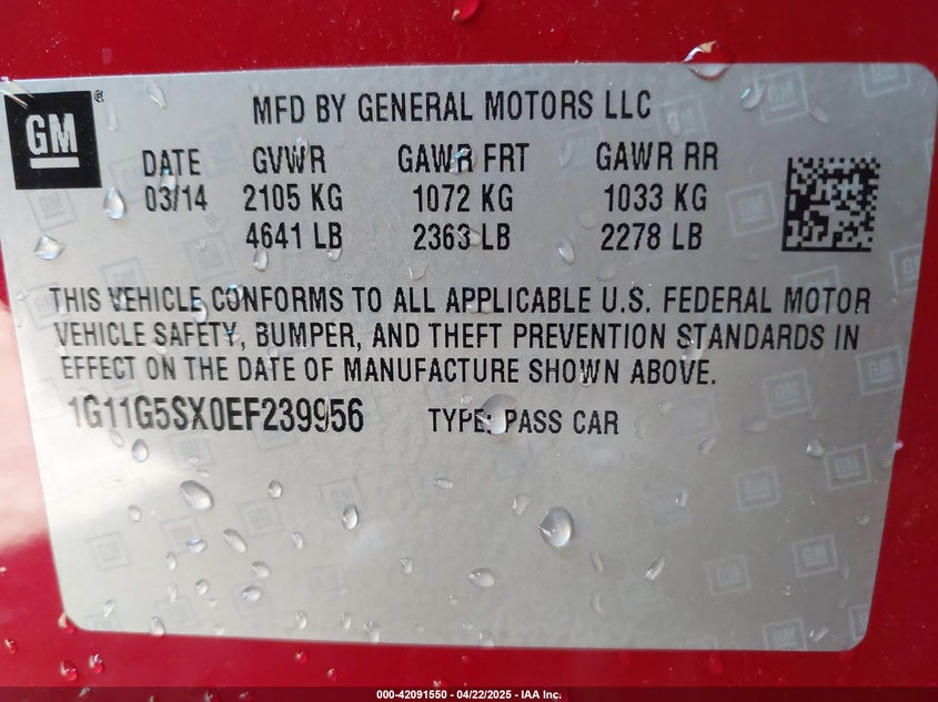 2014 CHEVROLET MALIBU VIN: 1G11G5SX0EF239956