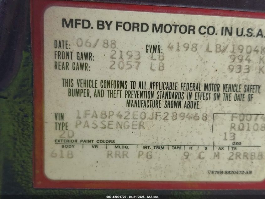 1989 Ford Mustang Gt/Cobra Gt VIN: 1FABP42E1KF108072 Lot: 42091729