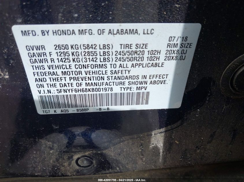 2019 Honda Pilot Touring VIN: 5FNYF6H68KB001978 Lot: 42091795