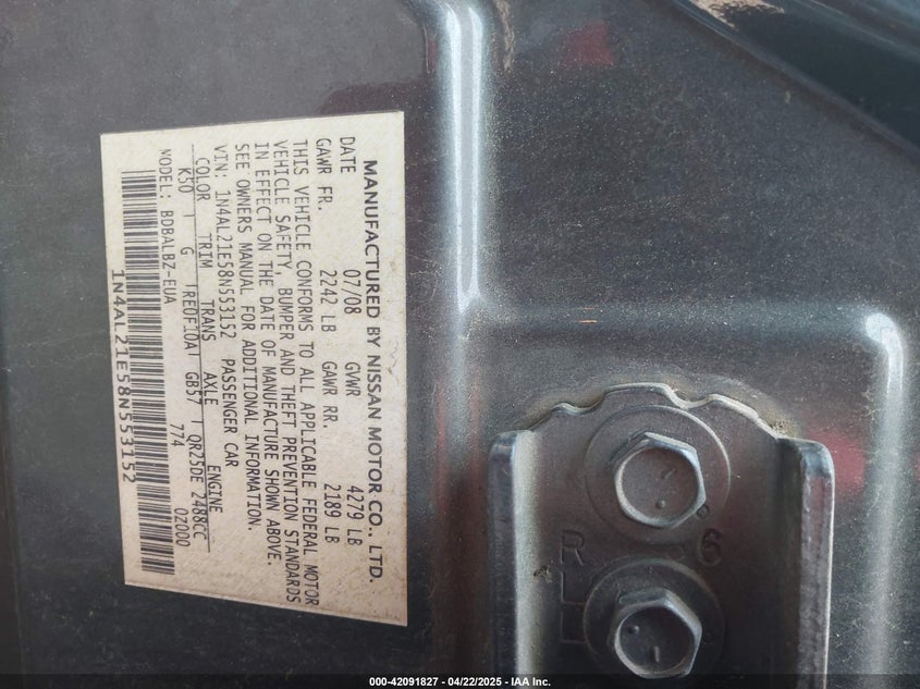 2008 NISSAN ALTIMA VIN: 1N4AL21E58N553152