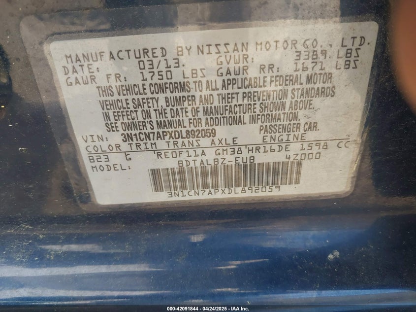 2013 NISSAN VERSA 1.6 SV - 3N1CN7APXDL892059