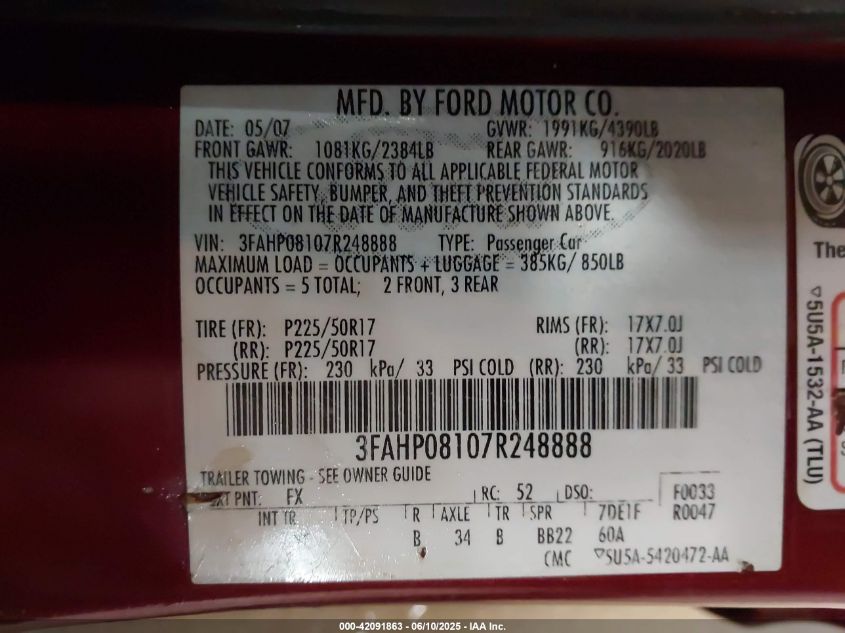 2007 Ford Fusion Sel VIN: 3FAHP08107R248888 Lot: 42091863