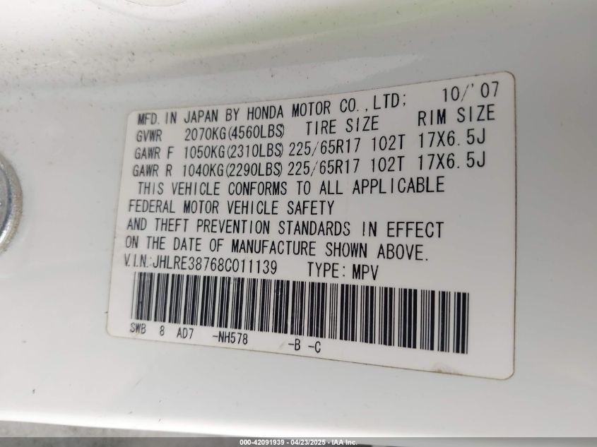 2008 Honda Cr-V Ex-L VIN: JHLRE38768C011139 Lot: 42091939