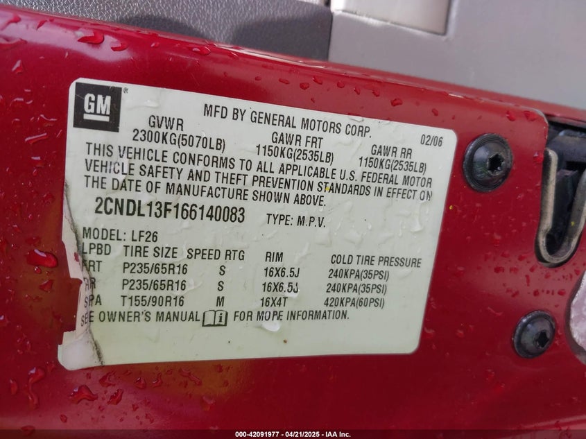 2006 CHEVROLET EQUINOX VIN: 2CNDL13F166140083
