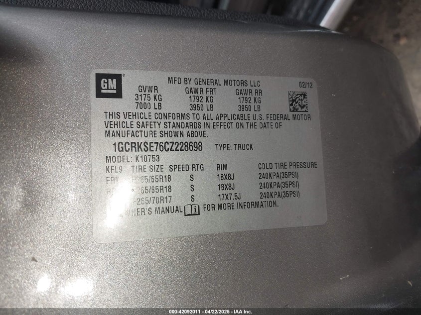2012 CHEVROLET SILVERADO 1500 VIN: 1GCRKSE76CZ228698