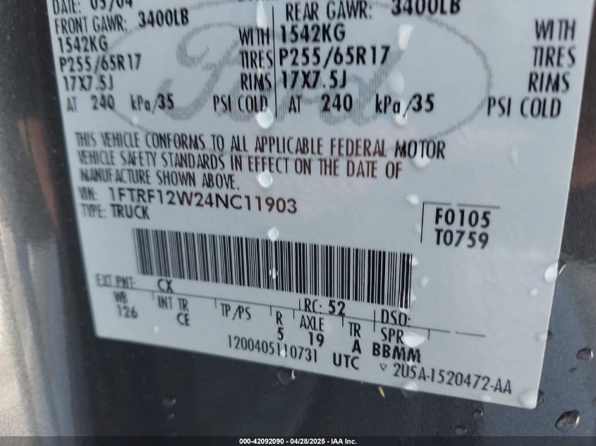 2004 Ford F-150 Stx/Xl/Xlt VIN: 1FTRF12W24NC11903 Lot: 42092090