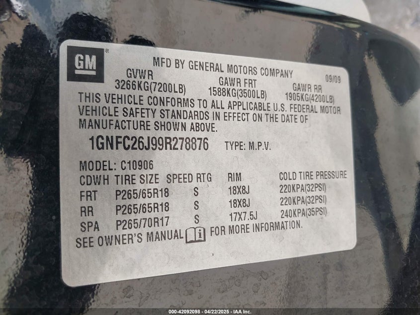 2009 CHEVROLET SUBURBAN 1500 VIN: 1GNFC26J99R278876