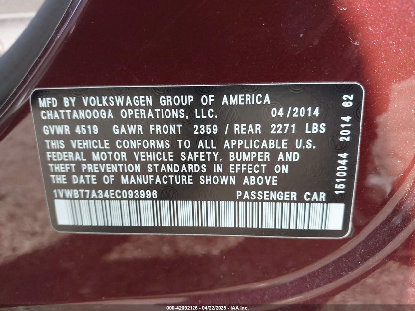 2014 VOLKSWAGEN PASSAT VIN: 1VWBT7A34EC093996