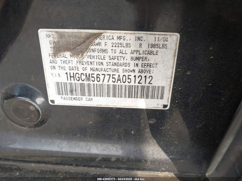 2005 Honda Accord 2.4 Ex VIN: 1HGCM56775A051212 Lot: 42092173