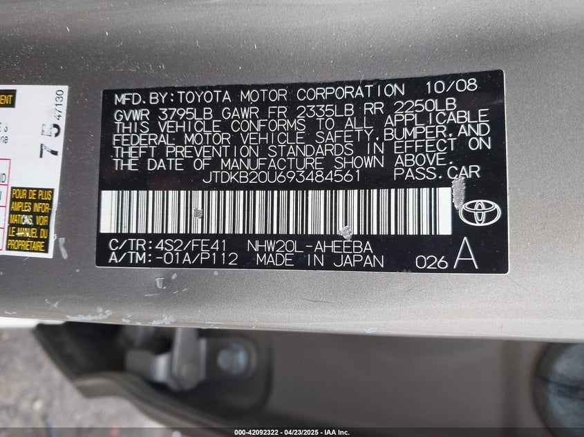2009 TOYOTA PRIUS VIN: JTDKB20U693484561