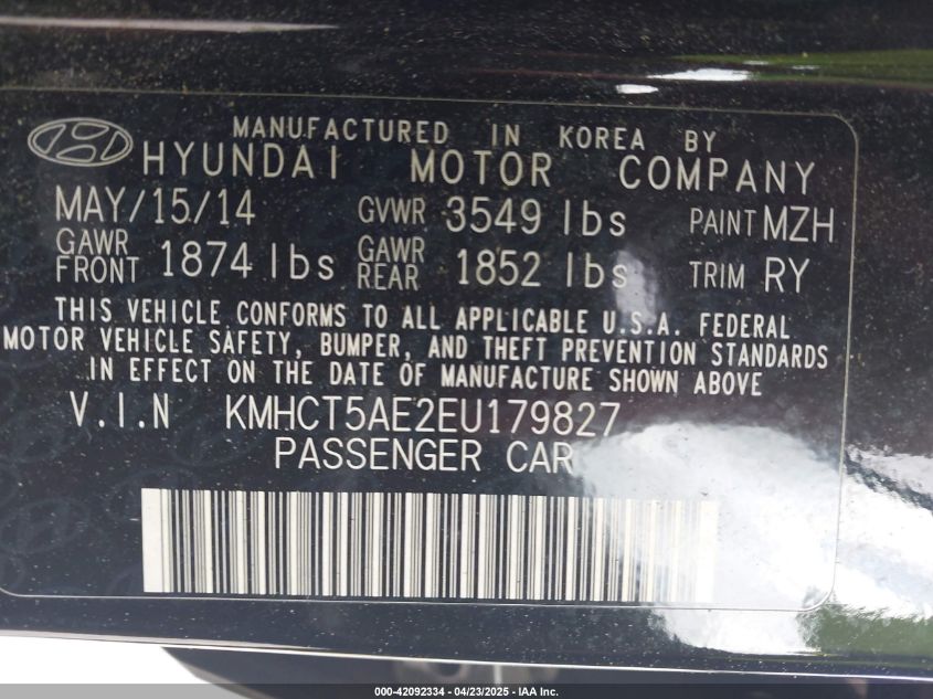 2014 Hyundai Accent Gs VIN: KMHCT5AE2EU179827 Lot: 42092334