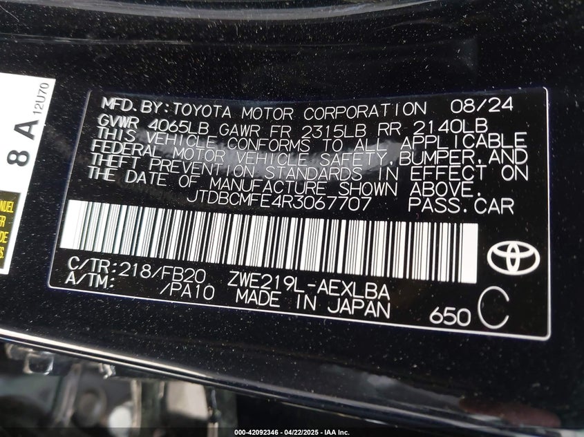 2024 TOYOTA COROLLA VIN: JTDBCMFE4R3067707