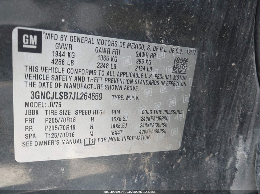 VIN 3GNCJLSB7JL264659 2018 CHEVROLET TRAX LT