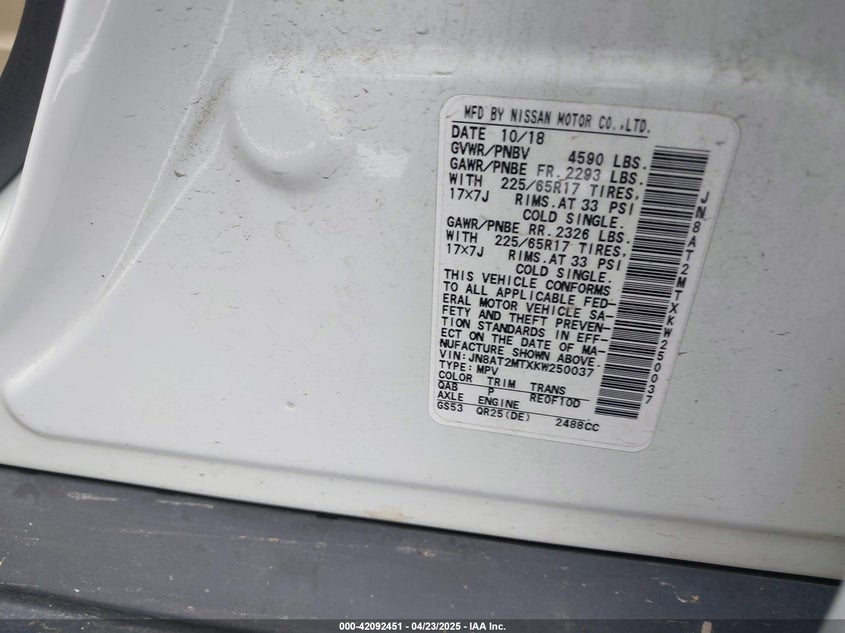 2019 NISSAN ROGUE S/SV - JN8AT2MTXKW250037