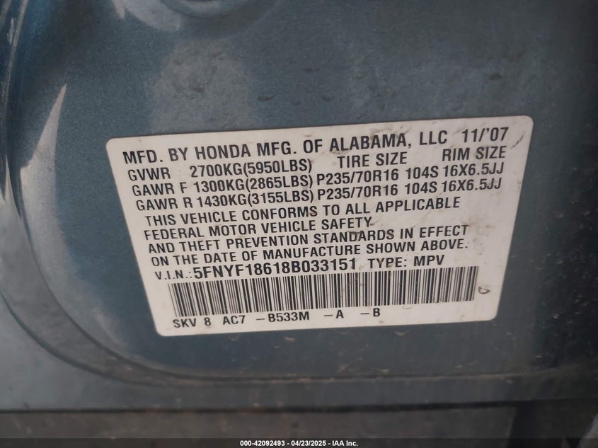 2008 Honda Pilot Ex-L VIN: 5FNYF18618B033151 Lot: 42092493