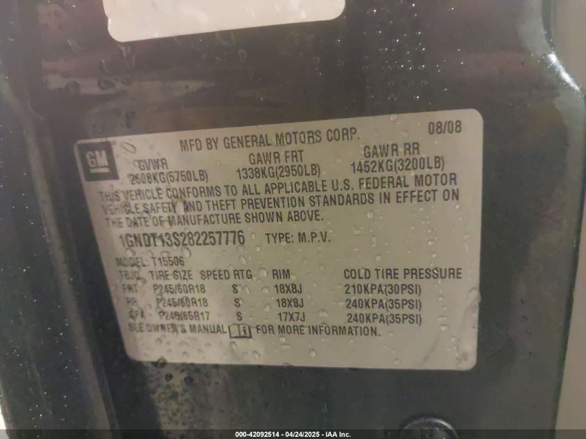 2008 Chevrolet Trailblazer Lt VIN: 1GNDT13S282257776 Lot: 42092514