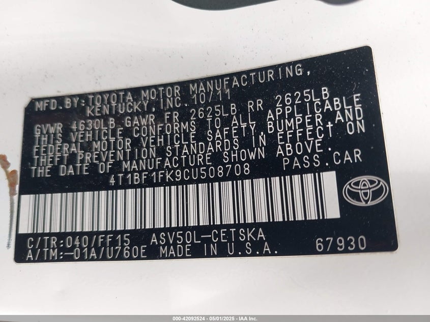 2012 TOYOTA CAMRY VIN: 4T1BF1FK9CU508708
