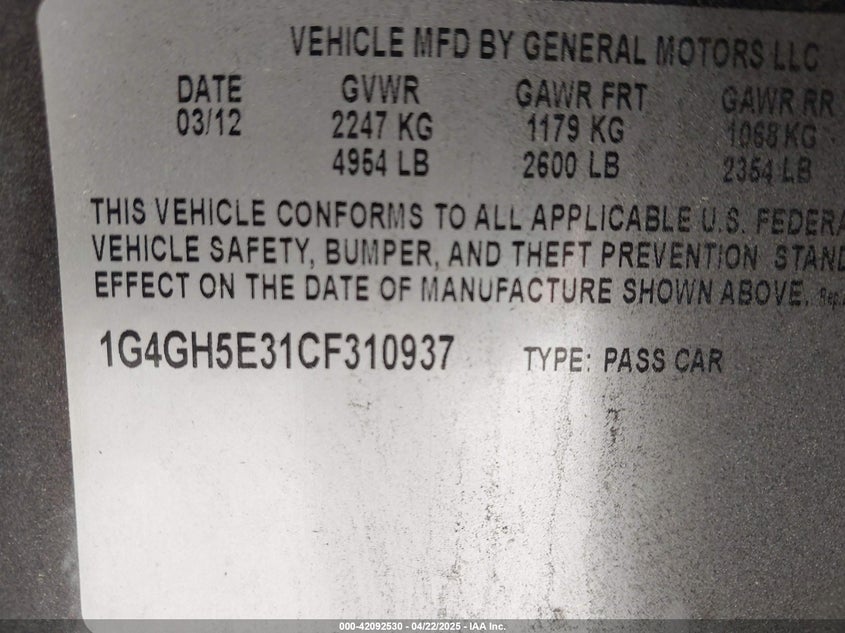 2012 BUICK LACROSSE VIN: 1G4GH5E31CF310937