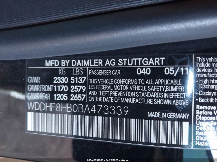 2011 Mercedes-Benz E 350 4Matic VIN: WDDHF8HB0BA473339 Lot: 42092533