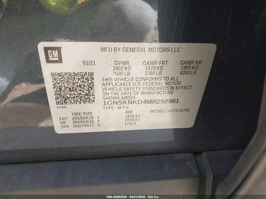 2021 CHEVROLET TAHOE 4WD LT - 1GNSKNKD4MR250981