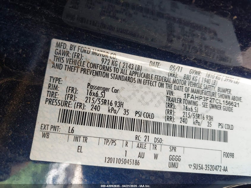 2012 FORD FOCUS VIN: 1FAHP3F27CL156621