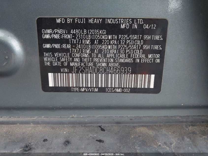 2012 SUBARU FORESTER VIN: JF2SHADC8CH466939