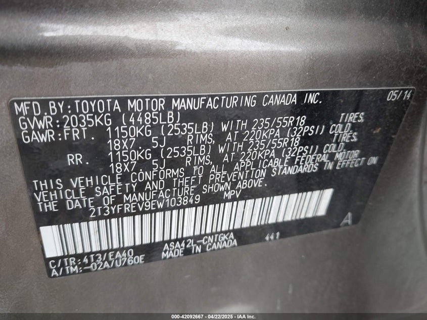 2014 TOYOTA RAV4 LIMITED - 2T3YFREV9EW103849