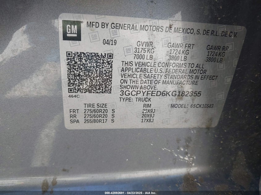 2019 CHEVROLET SILVERADO 1500 VIN: 3GCPYFED6KG182355