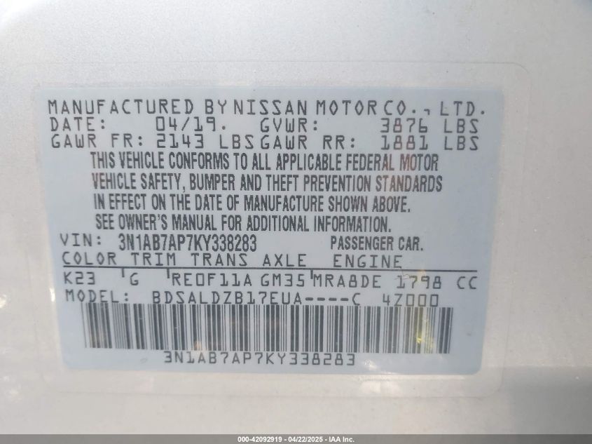 2019 Nissan Sentra Sv VIN: 3N1AB7AP7KY338283 Lot: 42092919