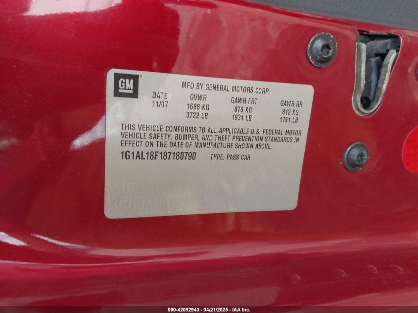 2008 Chevrolet Cobalt Lt VIN: 1G1AL18F187180790 Lot: 42092943