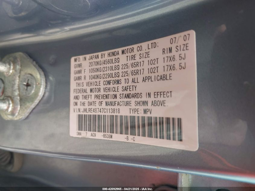 2007 Honda Cr-V Ex-L VIN: JHLRE48747C113818 Lot: 42092965