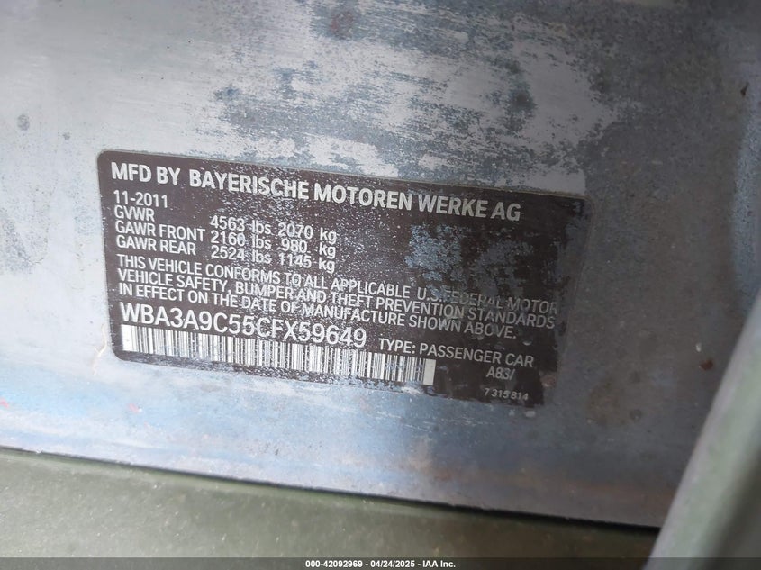 2012 BMW 335I VIN: WBA3A9C55CFX59649