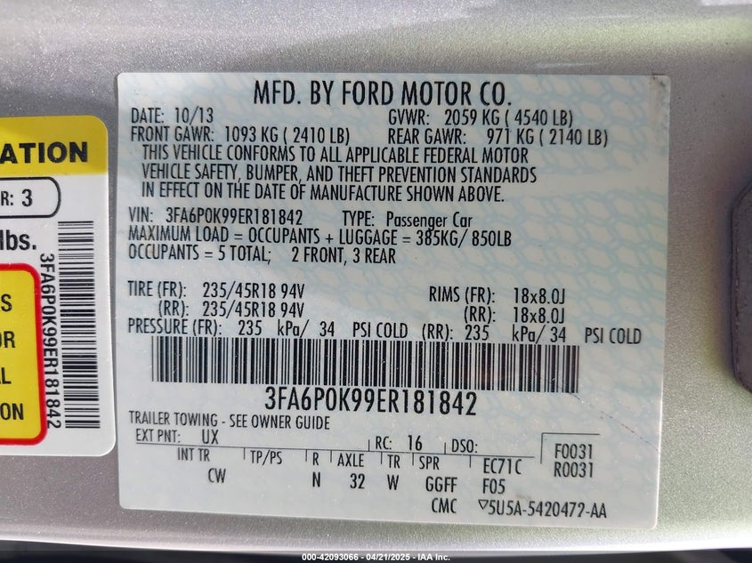 2014 FORD FUSION VIN: 3FA6P0K99ER181842