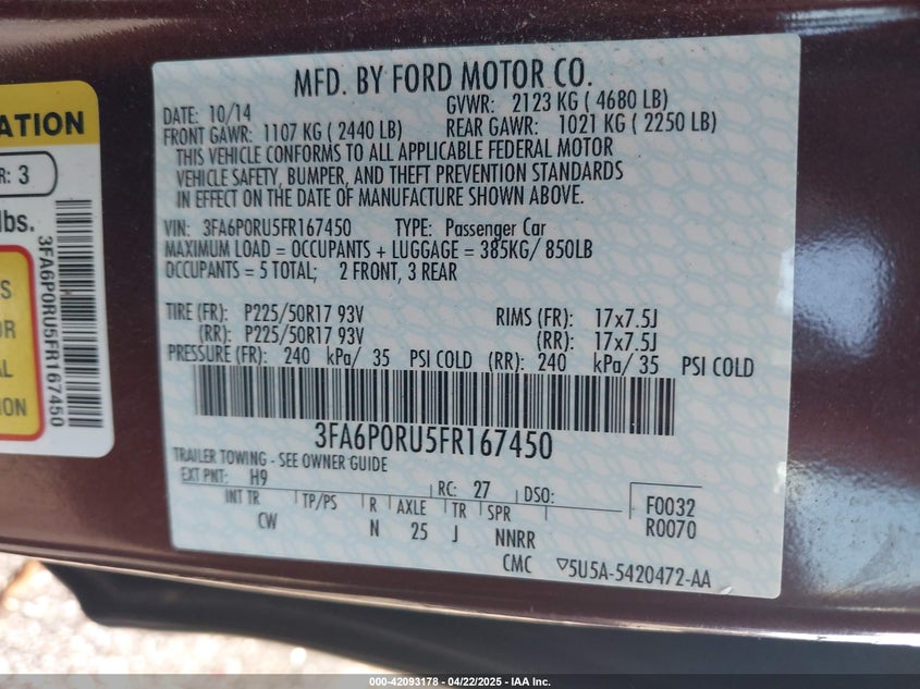 2015 FORD FUSION HYBRID VIN: 3FA6P0RU5FR167450
