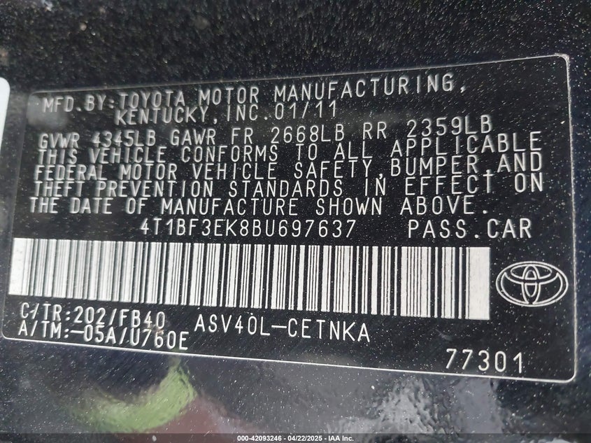 2011 TOYOTA CAMRY VIN: 4T1BF3EK8BU697637