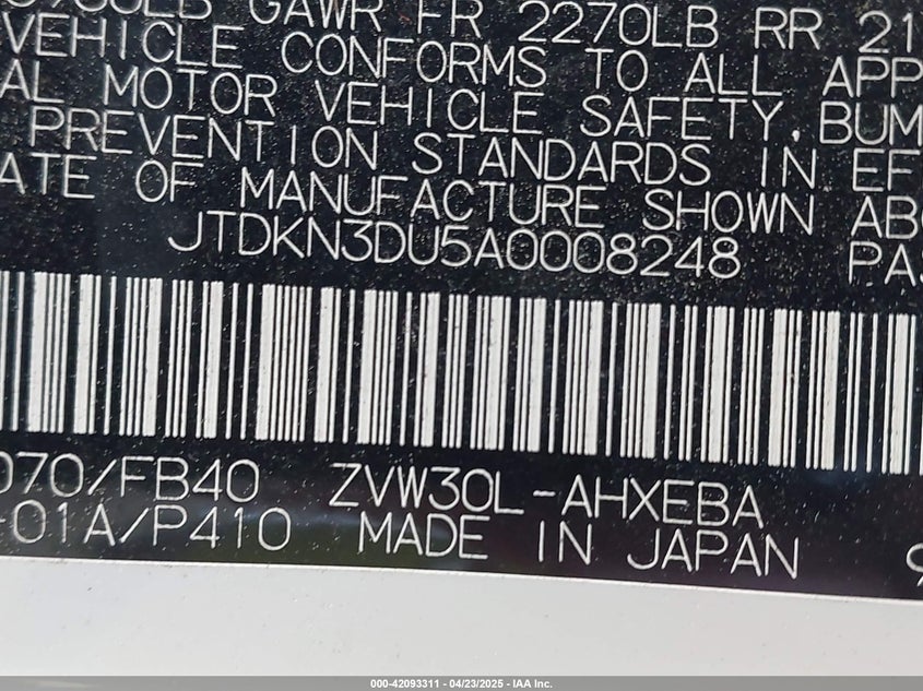 2010 TOYOTA PRIUS VIN: JTDKN3DU5A0008248