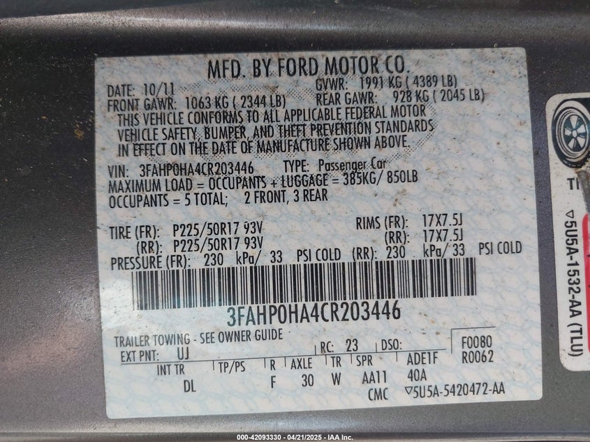 2012 FORD FUSION VIN: 3FAHP0HA4CR203446
