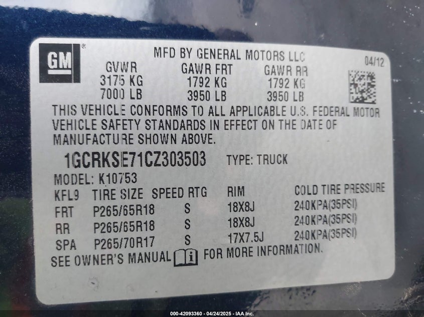 2012 CHEVROLET SILVERADO VIN: 1GCRKSE71CZ303503