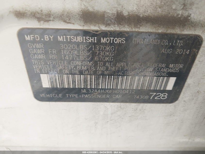 2015 MITSUBISHI MIRAGE VIN: ML32A4HJ6FH010412