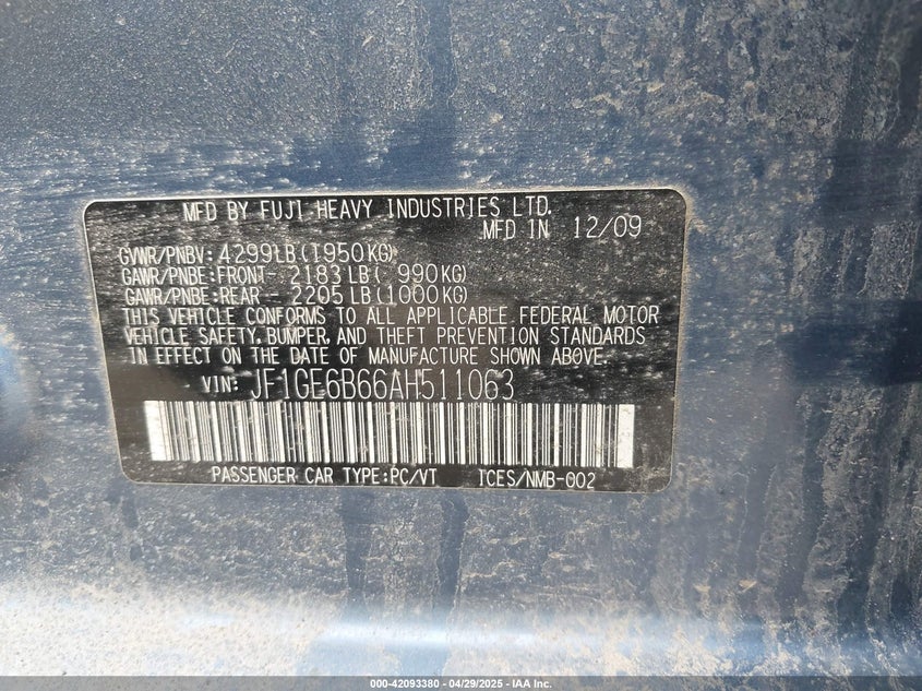 2010 SUBARU IMPREZA VIN: JF1GE6B66AH511063