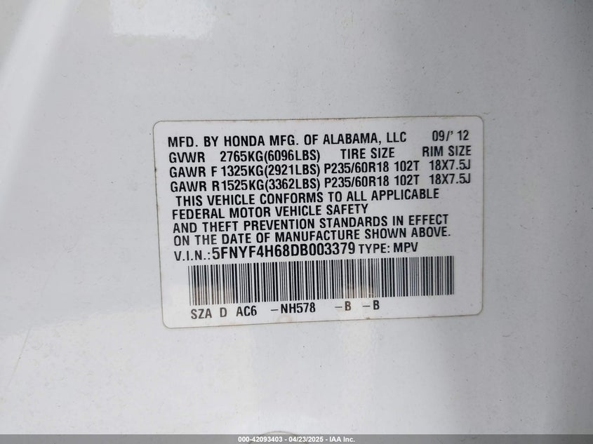 2013 HONDA PILOT EX-L - 5FNYF4H68DB003379