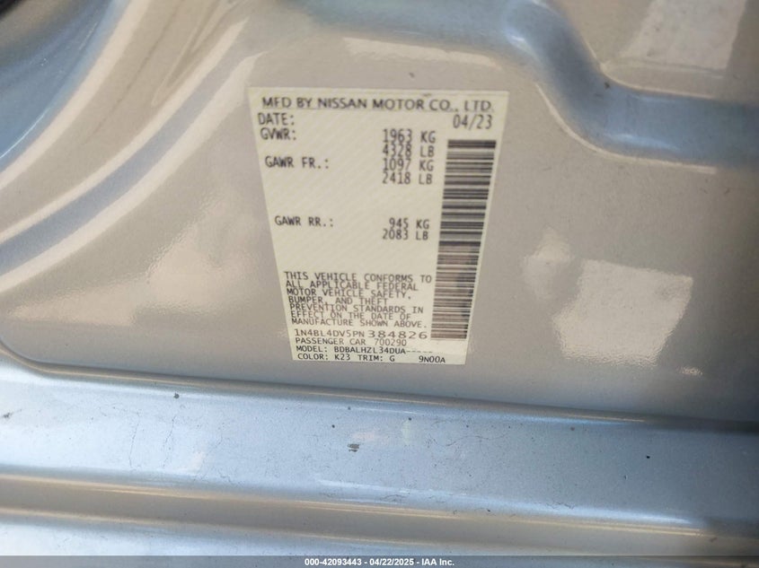 2023 NISSAN ALTIMA VIN: 1N4BL4DV5PN384826